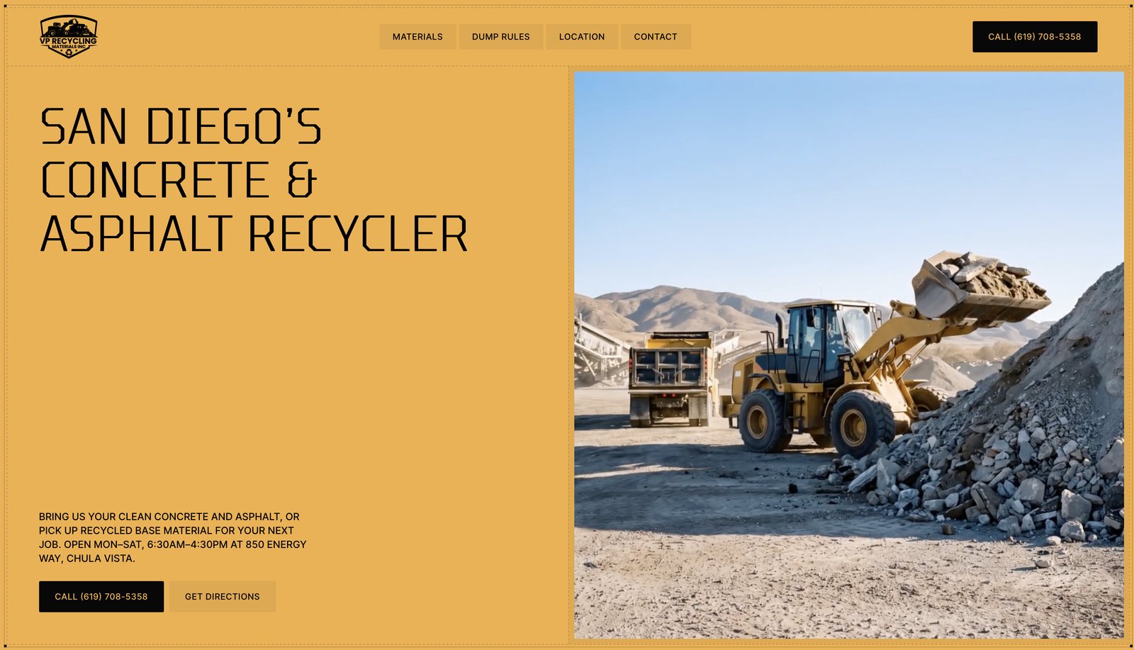 Screenshot of the vprecycle.com home page: San Diego's concrete and asphalt recycler